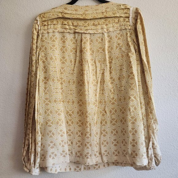 Tory Burch Blouse Womens 4 Yellow Geometric Pleated Silk Long Sleeve Boho Top - Picture 8 of 11